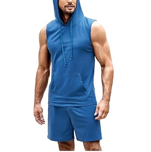 Custom Tracksuits for Men Pullover Hoodie and Short Set <b>Tank</b> Top Workout Joggers Cotton French Terry Men's Two Piece Hoodie Sets - Product Image 1