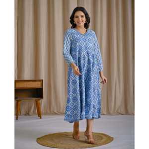 Vestido Anarkali Azul Pastel Estampado a Mano en Algodón, Casual, Elegante, Moderno, Transpirable, con Cintura Natural, Suministro ODM - Product Image 4
