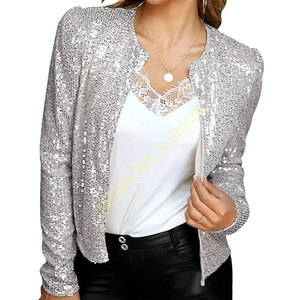 Elegant Winter Quilted Open Front Crop <b>Jacket</b> Women Statement-Making <b>Silver</b> Sparkly Sequin Blazer Coat Puff Long Sleeves - Product Image 4