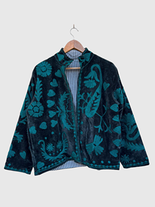 Hand Embroidered Floral Velvet Jacket Full Sleeve Stand Collar Adult Autumn Wear Regular Length Boxy Style - Product Image 1