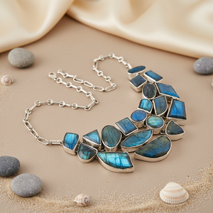 Collier tendance en argent 925 pour femme, avec pendentif en labradorite, motif floral géométrique, chaîne à maillons bohèmes, cadeau idéal, bijoux à porter au quotidien - Product Image 1