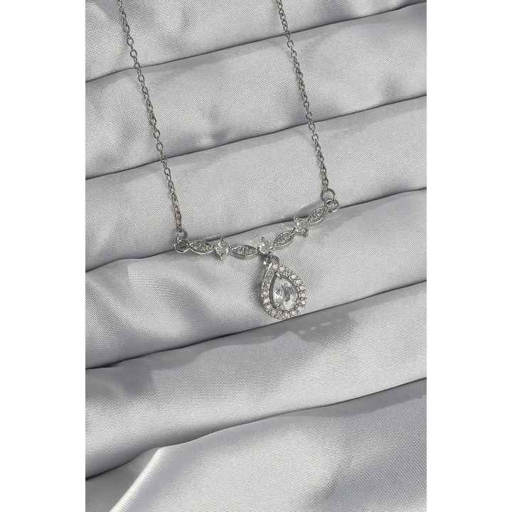 316L Steel Silver Color Pink Zircon Stone Drop Necklace