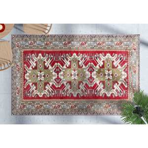 Printed <b>Rug</b>: Easy To Clean, Kilim Design, Red, <b>Runner</b>, Tribal, <b>Kitchen</b>,Nonwoven Soft <b>Rug</b> - Product Image 1