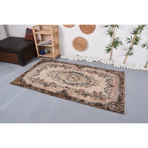 Tapis traditionnel en laine beige marron fait à la main 3.7X6.6 pieds Vintage turc Patchwork Rectangle Design Latex adolescent chevet couloir - Product Image 2