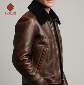 Blouson aviateur en cuir de vachette brun vieilli pour homme, col mandarin, fermeture éclair décontractée d'hiver, service OEM - Product Image 6