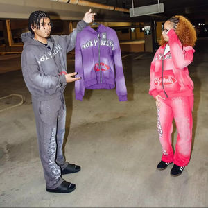 Conjunto de Sudadera con Capucha Personalizada con Efecto Desgastado, Estampado de Pedrería, Sudadera con Cierre, Chándal con Lavado Ácido, Estilo Vintage, Ropa Urbana para Hombre - Product Image 1