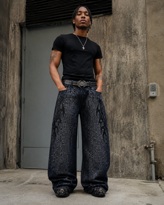 DiZNEW Custom Y2K <strong>Baggy</strong> <strong>Jeans</strong> <strong>Mens</strong> Distressed Flame Skull Jacquard Wide Leg Denim Pants OEM Gothic Streetwear Opium Trousers - Product Image 3