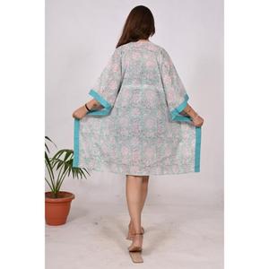 Vestido corto Floral con estampado de bloque de caftán de algodón 100% de verano para mujer para playa, ropa de fiesta, cintura Natural lavable ecológica - Product Image 6