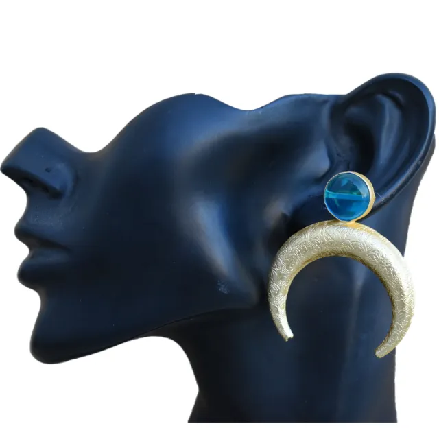 Neue Designer Trend hand gefertigte vergoldete matte Oberfläche große Ohrring runde Stein Ohr stecker Messing Ohrringe für Mädchen und Frauen