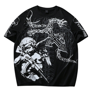 เสื้อยืดคอกลมแขนสั้นทรงโอเวอร์ไซส์ ผ้าโพลีเอสเตอร์/คอตตอน พิมพ์ลายสีดำ ระบายอากาศได้ดี สไตล์สตรีทแวร์ลำลอง แฟชั่นไซส์ใหญ่ - Product Image 1