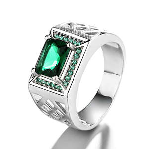 Vintage <b>Silver</b>-Tone <b>Emerald</b> & Baguette-Cut <b>Ring</b> Religious Gemstone Inlay on Brass Gift for Occasions Plated Jewelry - Product Image 1