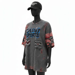 Camiseta Oversize para Mujer, 220 GSM, Algodón Grueso, Jersey Sencillo, Lavado Ácido, Gris con Paneles Rojos, Bolsillos, Estampado, Camiseta de Algodón para Mujer - Product Image 4