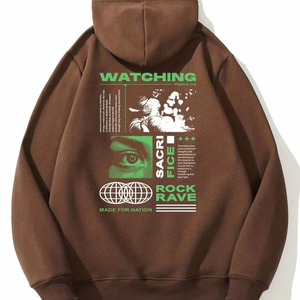 Sudadera con Capucha Marrón con Estampado Vintage, Estilo Urbano, Corte Holgado, Algodón Grueso, Moda Urbana, Estampado Trasero Moderno, Uso Diario Informal - Product Image 5