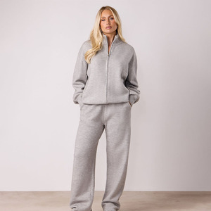 Ensemble de survêtement décontracté pour femme, motif uni, léger, gris, fermeture éclair, pour l'hiver, pour une utilisation en extérieur, prix bas, vêtements tendance - Product Image 1