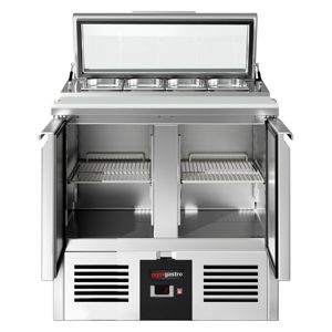 Comptoir à salades commercial PREMIUM - 900 mm - 159 L - 2 portes - dessus ouvert pour 4 x GN 1/3 & couvercle en verre - Product Image 6