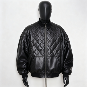 Men's Black PU Leather Bomber Jacket Quilted Stand Collar Zipper Closure Windproof Winter Wear Regular Fit Rhinestone Pullover H - Product Image 4