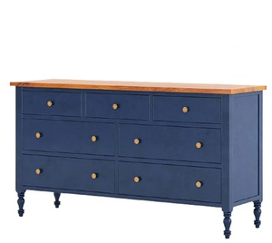 Aparador azul de madera maciza de caoba hecho a mano | Tocador de 7 cajones con perillas de Latón | Muebles rústicos para comedor y sala de estar - Product Image 4