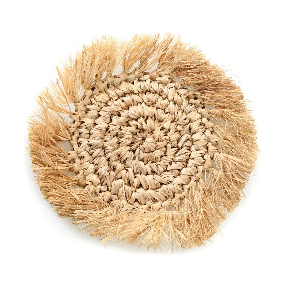 ECO Frilled Raffia PlacematธรรมชาติRaffia Fringe Placemats Boho Fringeโต๊ะกลมPlacematsธรรมชาติตกแต่งตารางจัดงานแต่งงาน