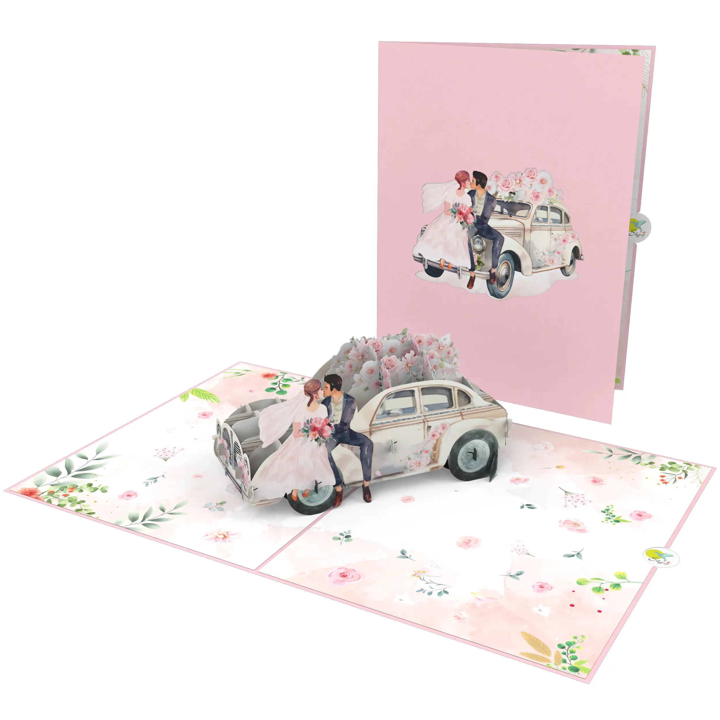 Rose Wedding Car 3D Pop Up Card Eco-friendly Venta caliente OEM Tarjeta para boda Pareja Cumpleaños Tarjeta 3D Papel hecho a mano Láser