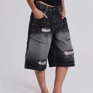 Pantalones Cortos Vaqueros Distressed de Mezclilla para Hombre, Estilo Casual Urbano, Largos hasta la Rodilla, con Agujeros, Cremalleras y Diamantes, Modelo Baggy2026 OEM - Product Image 2