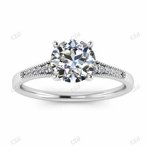 Bague de fiançailles solitaire conique en or blanc avec diamant Moissanite VVS de laboratoire, serti milgrain, certifiée GRA, style vintage pour femme - Product Image 1