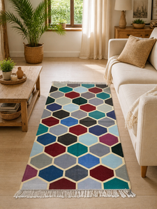 Tapis de couloir Kilim en coton fait main, moderne, multicolore, à blocs hexagonaux, Dhurrie, avec franges, pour chambre et salon - Product Image 2