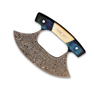 Couteau Ulu en acier damas fait à la main lame de chef de cuisine en acier inoxydable gaine en cuir véritable manche en bois bleu os bricolage OEM - Product Image 1