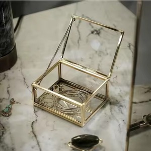 Boîte à bijoux élégante et moderne en verre avec miroir, cadre en métal noir, mini rangement en laiton pour bagues, boucles d'oreilles, maison - Product Image 2