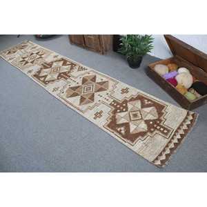 Vintage Herki Patchwork <b>Wool</b> Rug Eco-Friendly <b>Brown</b> Moroccan Turkish Rug with Latex Backing 2.2x11.7 ft (68x358 Cm) - Product Image 4