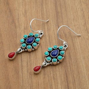 Pendientes Colgantes Hechos a Mano con Turquesa, Coral y Lapislázuli, Plata de Ley 925, con Múltiples Piedras, Regalo de Moda - Product Image 1