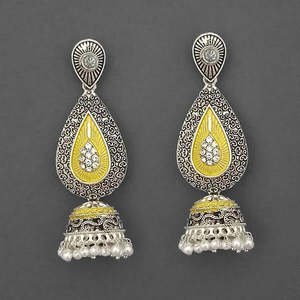 Kriaa <b>Fine</b> <b>Cuff</b> <b>Earrings</b> Silver Plated Meenakari Matte Dangler with Stone and Yellow Model 1312052A - Product Image 1