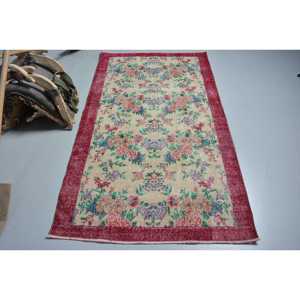 Turkish Rug, 3.8x6.7 ft Vintage Rug, <b>Red</b> Ikat <b>Wool</b> Rug - Product Image 1
