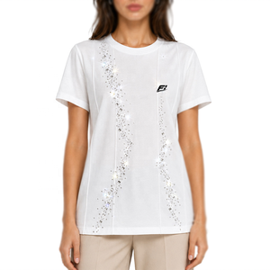 Camiseta de mujer personalizada con cuello redondo y pedrería, manga corta, suave, informal, a la moda, transpirable, de poliéster, para uso diario. - Product Image 1