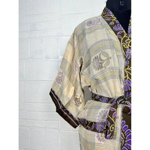 Vintage Kimono Open Jacket Recycled Pure Cotton Boho Summer <b>Tie</b>-Dye House Robe Beige Brown Floral Style Print Swimsuit Cover up - Product Image 3