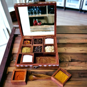 Artistic Wooden Spice Box With <b>Engraved</b> Patterned Lid Classic Wooden Spice Storage Box With Elegant Brass Detailing spice Box - Product Image 1