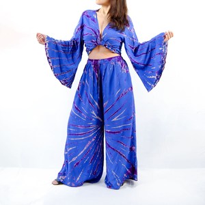 Ensemble jupe en rayonne style bohème avec haut à volants et nœud, jupe longue imprimé floral, respirant, tenue d'été vintage, style féerique années 70, mode hippie - Product Image 2