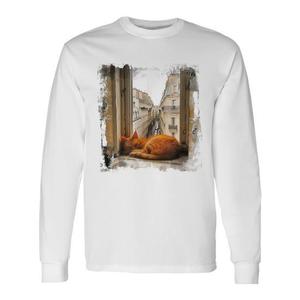 T-shirt a maniche lunghe con gatto parigino che dorme, top promozionale con grafica ispirata ai gatti - Product Image 1