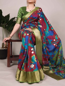 Exclusif Dernière Tendance Nouvelle Arrivée Haute Qualité Festival Designer Wear Tussar Soie Imprimé Avec Zari Tissage Travail Saree - Product Image 2