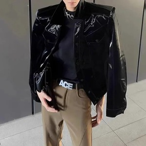Veste en cuir véritable pour hommes Veste en cuir à épaules brillantes Automne Streetwear Biker en cuir véritable Top à manches longues Vêtements pour hommes - Product Image 3