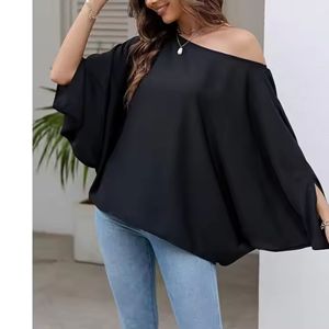 Women'<b>s</b> Flowy Off-Shoulder <b>Blouses</b> Loose Chiffon with Embroidery Lace Batwing Sleeves Casual Tops for Spring Summer - Product Image 4