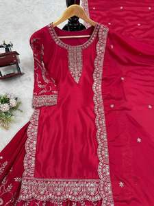 Heavy Fancy Design Women Set Chinon Hilo de seda con bordado de secuencia Top de trabajo y Palazzo Dupatta Bordado Secuencia DE TRABAJO - Product Image 3