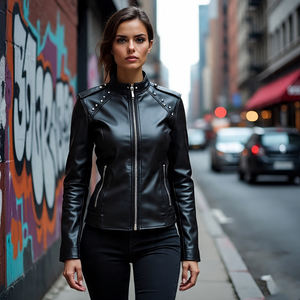 Chaquetas con cremallera de cuero genuino de ajuste regular para mujer al por mayor | Chaqueta de cuero de motocicleta con cuello levantado para exteriores para mujer - Product Image 5