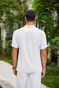 Men's Summer Casual Fashion Henry Shirt New High-End Embroidered Cotton <b>Linen</b> Striped T-shirt Top <b>100</b>% Cotton <b>Yarn</b> Dyed - Product Image 6