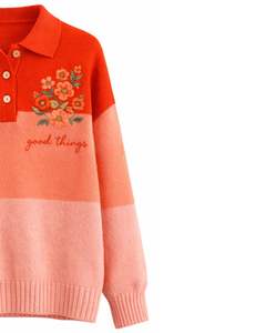 Suéter de Punto con Cuello Polo para Mujer, Color Naranja Melocotón, Bloques de Color, Bordado Floral, Jersey de Manga Larga, Top de Invierno, Personalizado, OEM, Venta al por Mayor - Product Image 4