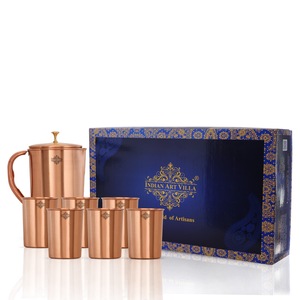 IndianArtVilla Pichet au design uni enduit de laque de cuivre pur avec 6 verres-Verres pour le stockage et le service - Product Image 1