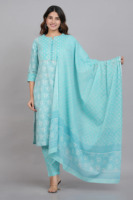 Kadınlar için Güzel Hint Parti Festivali Kıyafeti Çiçek Baskılı Dantel Püsküllü 3 Parçalı Pamuklu Kurta Takımı Pantolon Dupatta