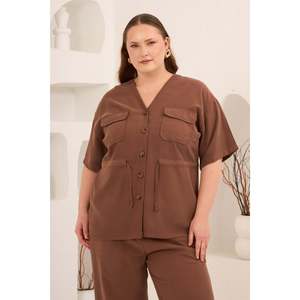Waist Lace-Up Detail V-Neck Women's Plus Size Jacket Trousers <b>Set</b> Brown - Product Image 2