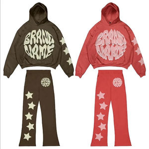 Ensemble de jogging imprimé OEM personnalisé Offre Spéciale sans ficelle 100% coton sweat à capuche imprimé bouffant 3D et pantalon de survêtement évasé survêtement pour hommes - Product Image 4