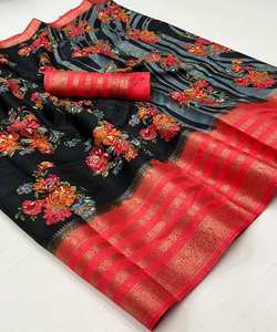 Saree en soie Banarasi noir avec broderie indienne pour femme - Product Image 6