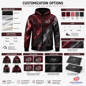 Sweat à capuche zippé intégral bordeaux pour homme avec logo personnalisé sur le devant, poches, motif 3D, 100 % coton, coupe-vent, anti-boulochage, hiver - Product Image 3